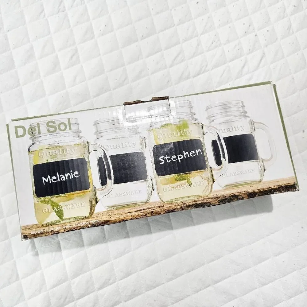 DEL SOL Set of 4 Mason Mugs with Chalkboards, 17oz, Summer Rustic Drink Glasses